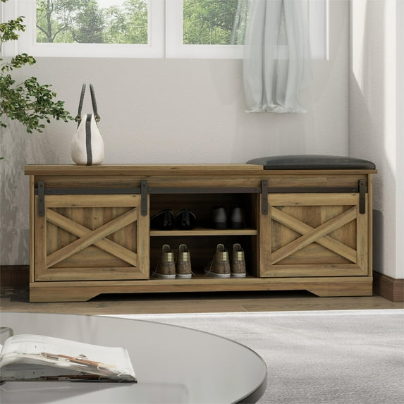 47" Shoe Storage Bench,Entryway Bench,Modern Farmhouse Sliding Barn Door Storage Racks for Entryway Hallway,Light Brown