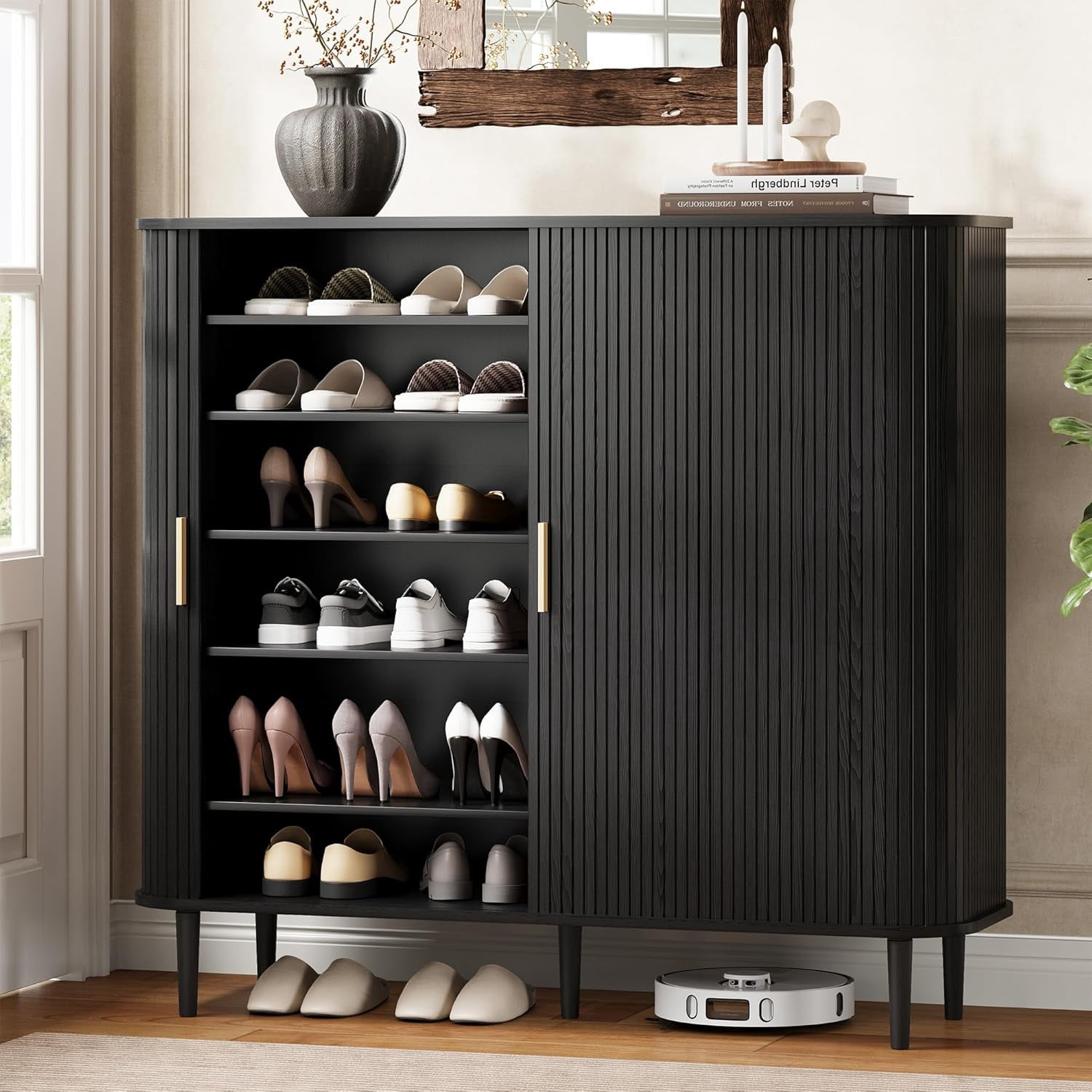 47 " Shoe Storage Cabinet with Sliding Door, 6-Tier Adjustable Freestanding Shoe Organizer for Entryway, Hallway, Black