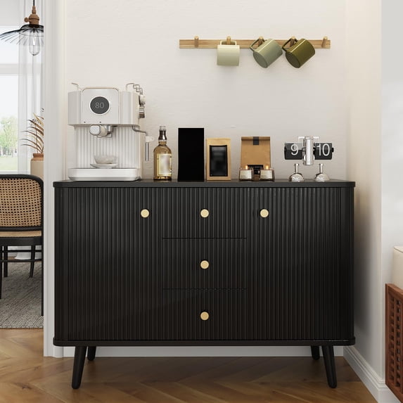 47" Sideboard Buffet Cabinet, Entryway Coffee Bar Cabinet with 3 Drawers, Wooden Floor Cupboard, Fluted Media Console Table for Living Room
