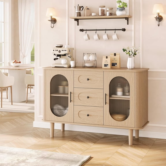 47 in Sideboard Buffet Cabinet with Fluted Glass Doors & 3 Drawers - Modern Mid-Century Credenza Storage with Adjustable Shelves for Kitchen, Dining Room, Living Room, Burlywood