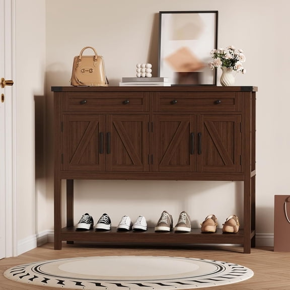 47" Sideboard Buffet Cabinet with Storage – Large Modern Farmhouse Kitchen Coffee Bar – Wood Cupboard with 2 Drawers & 4 Barn Doors – Dining Room, Living Room – Brown