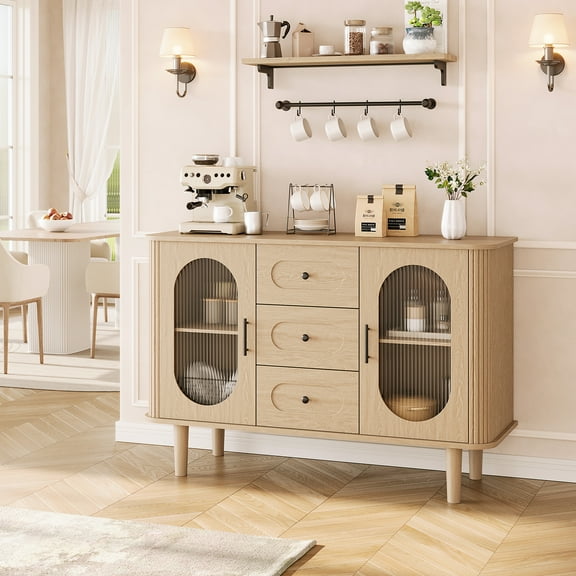 47" Sideboard Buffet Cabinet with 3 Drawers & Fluted Glass Doors Modern Mid-Century Credenza Storage with Adjustable Shelves for Kitchen, Dining Room