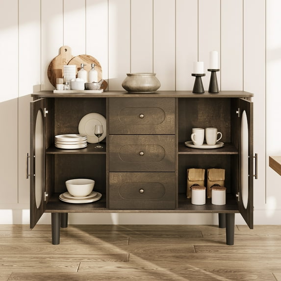 47" Sideboard Buffet Cabinet with 3 Drawers & Fluted Glass Doors Modern Mid-Century Credenza Storage with Adjustable Shelves for Kitchen, Dining Room