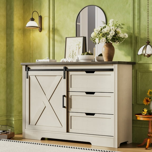 47" Sideboard Cabinet Drawer Dresser Bar Chest, with Silent Sliding Doors, for Dining Room, Living Room, Bedroom, Beige