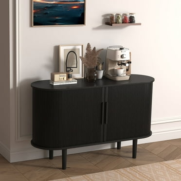 BOMETAO 47" Sideboard Buffet Cabinet with Sliding Tambour Doors and Adjustable Shelves, Mid-Century Kitchen Storage Cabinet, Black