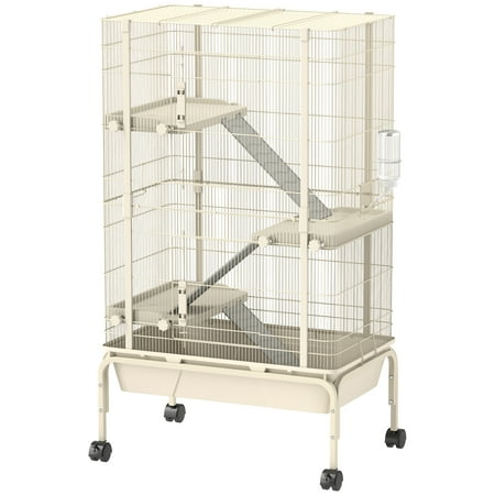 47" Small Animal Cage, 4 Levels Large Rolling Metal Ferret Cage w/ 5.9" Deep Tray, Ramps, Water Bottle, Food Dish, Beige