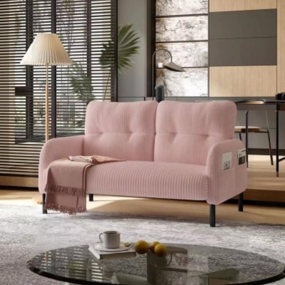 47" Small Loveseat Sofa Couch for Small Spaces,Corduroy Upholstered 2-Seater Love Seats for Apartment, Bedroom,Office,Pink 02