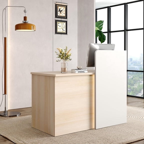 47" Small Reception Desk with LED Lights — Modern Front Desk with Lockable Drawer, Storage Shelves, Privacy Panel & Cable Grommet for Office, Salon, Clinic, Checkout (White & Natural)