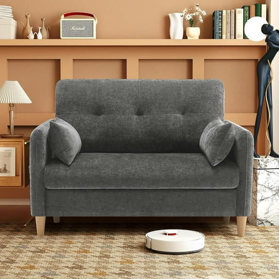 47" Small Sofa Couch for Bedroom, Soft Chenille loveseat Mini Couch with Throw Pillow and Removable Cushion Cover for Small Spaces, Living Room, Apartment, Dorm, Office(Dark Grey)
