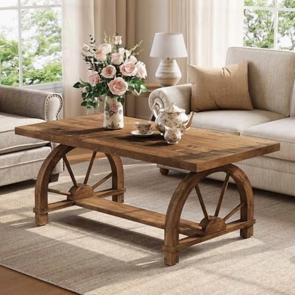 47" Solid Wood Coffee Table, Farmhouse Rectangular Center Table for Living Room, Rustic Large Center Low Cocktail Tea Furniture with Sturdy Base, Easy Assembly$$Furniture