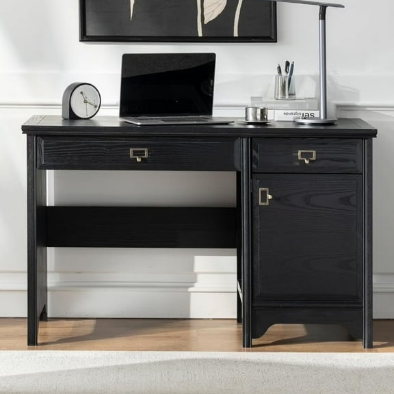 ANHDAH 47" Solid Wood Executive Desk, Farmhouse Office Computer Desk with 2 Drawers & Storage Cabinet, Wooden Writing Table for Home Office Study Bedroom, Black