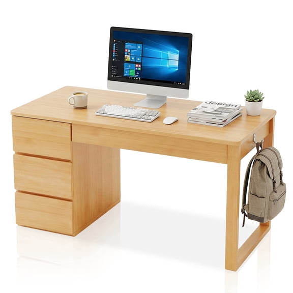 47" Solid Wood Kids Desk with 4 Drawers, White Study Table for Girls Bedroom, Large Computer Writing Workstation, Cute Makeup Vanity Desk with Storage for Teens Students