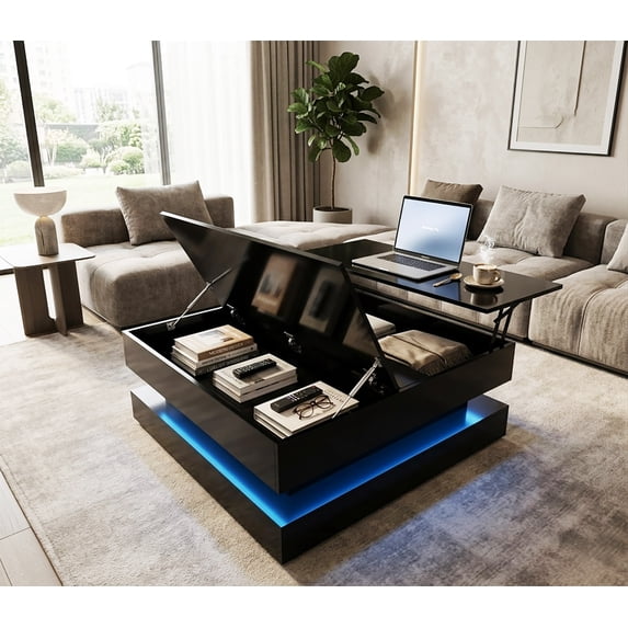 47" Square Lift Top Coffee Table with LED Lights & Power Outlet, Modern High Gloss Floating Coffee Table with Flip-Top Storage for Large Living Room