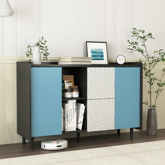 47" Storage Cabinet with Doors and 2 Drawers, Modern Accent Cabinet with 2 Open Storage Compartment, Sideboard Buffet Cabinet for Kitchen, Dining Room, Blue