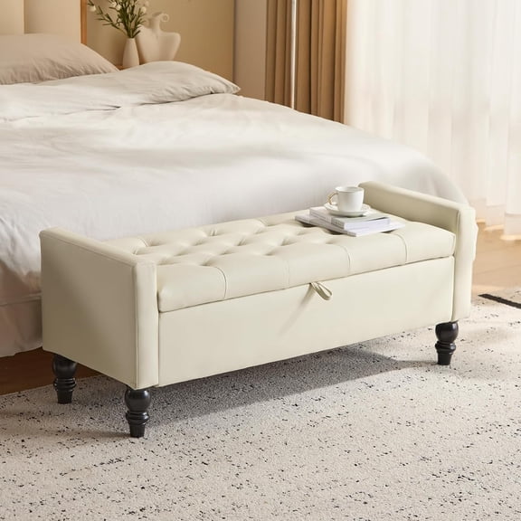 47" Storage Ottoman Bench, End of Bed Bench for Bedroom, Leather Upholstered Ottoman with Storage for Living Room, Entryway, Window (Beige)