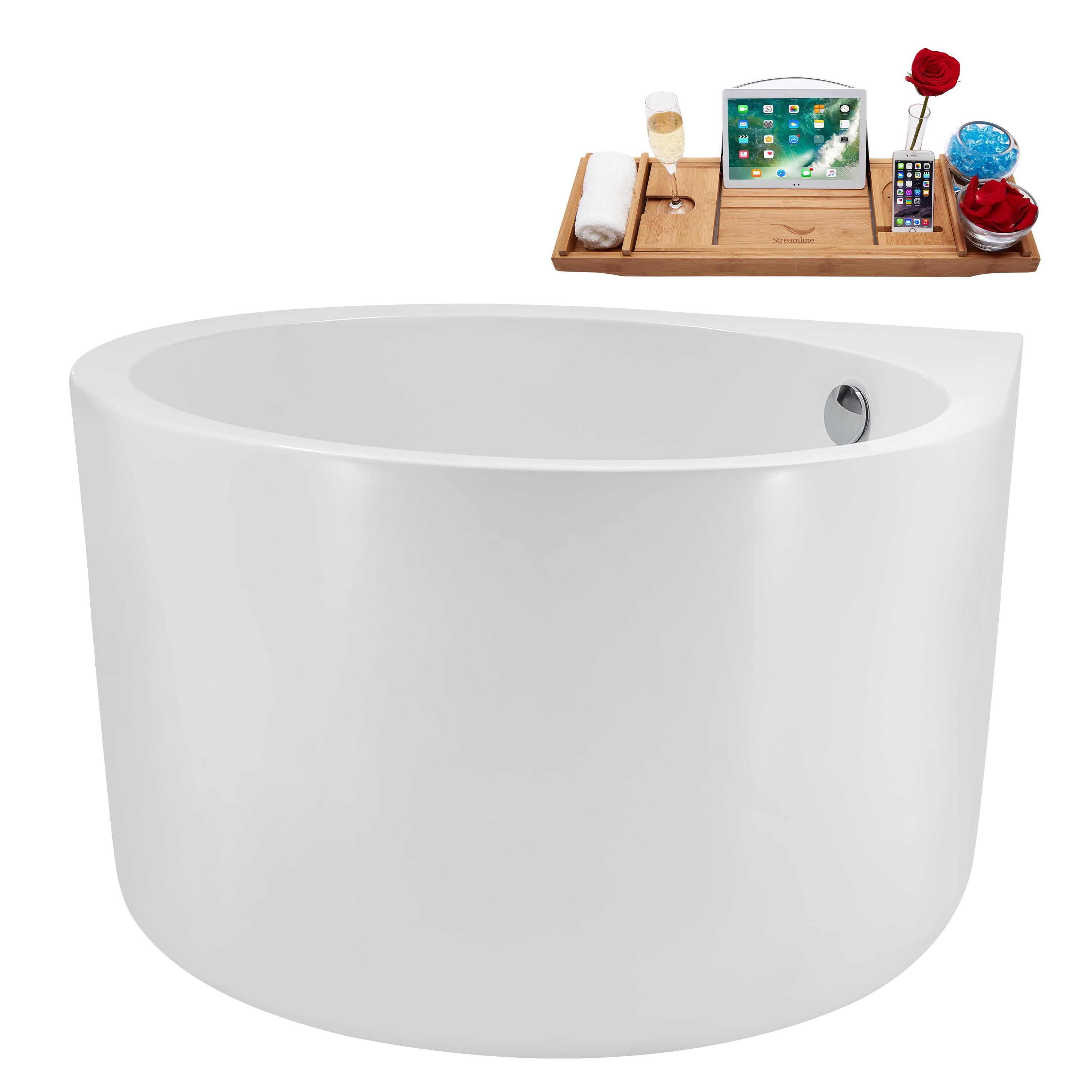 47" Glossy White Acrylic Freestanding Soaking Bathtub with Polished Chrome Drain and Bamboo Tray