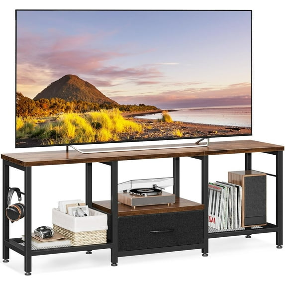 47" TV Stand with Open Storage Shelves up to 55 Inch TVs, Entertainment Center with Fabric Drawers, TV Console Table with Soundbar Shelf TV Stand for Living Room Bedroom, Vintage and Black