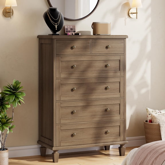 47" Tall 6-Drawer Dresser – Vintage Wooden Chest with Carved Handles for Bedroom, Living Room, Entryway - Modern Furniture