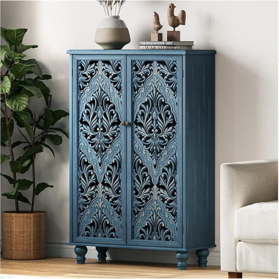 47" Tall Accent Cabinet with Navy Blue Mandala Carved Doors, Solid Wood Legs Storage Cabinet with 100 lbs Capacity, Boho Farmhouse Sideboard Buffet for Entryway, Living Room & Coffee Bar