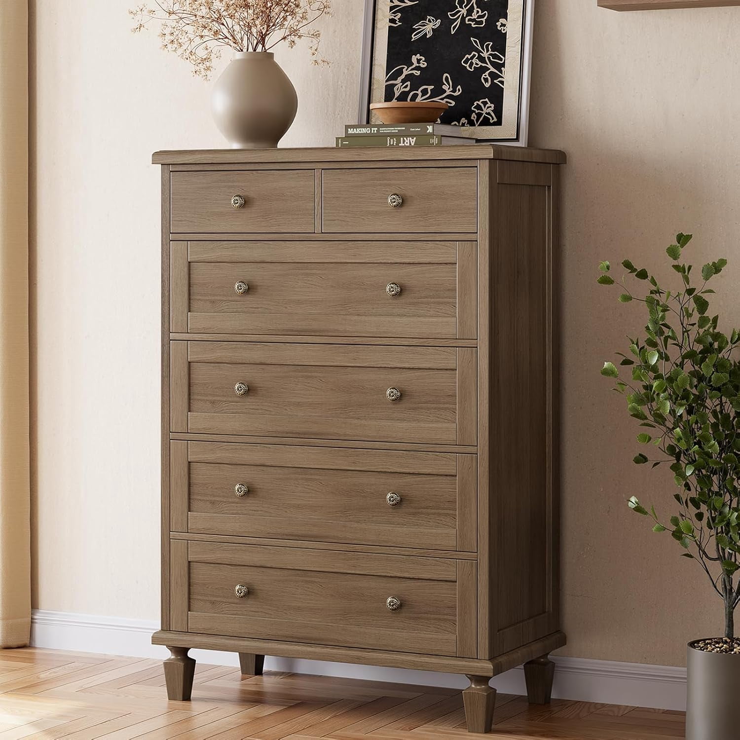 47" Tall Dresser for Bedroom, Vintage 6 Drawer Dresser with Carved ...