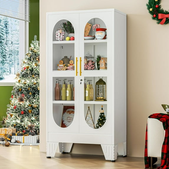 47" Tall Metal Curio Cabinet, Display Storage Cabinet with Glass Door, 4 Tier Liquor Cabinet with 3 Adjustable Shelves, Locking Glass Display Case for Collectibles, Showcase Cabinets, White