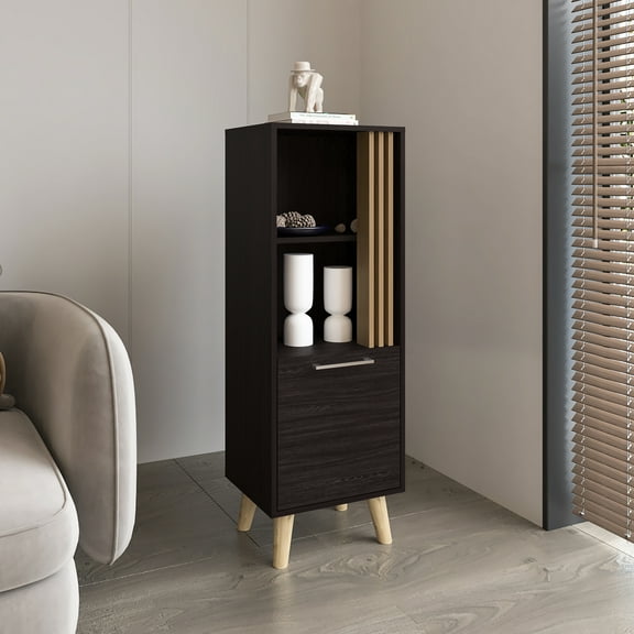 47" Tall One Door Cabinet With Two Open Shelves - Dark Oak. 47.38" H X 16.83" W 13.46" D Compact Storage Cabinet. Construction For Long-lasting Use. Modern Stylish Design. Versatile Living, Dining,