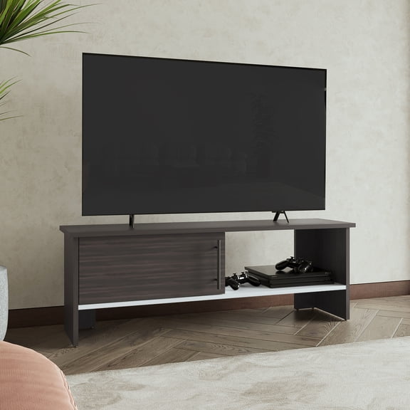 47" Tv Stand For Living Area. Dark Walnut - White . Sleek Appearance With Storage. One Door Cabinet & Open Shelf. Fits Up To 54" Tvs. Made. Simple Assembly. Cable Managed Wide Home Entertainment