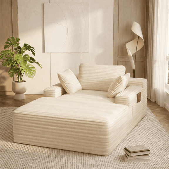 47" Ultimate Cloud Sofa, Oversized Chaise Lounge Sleeper with Plush Corduroy Fabric, No Assembly Required, Cloud Couch for Living Room - Beige