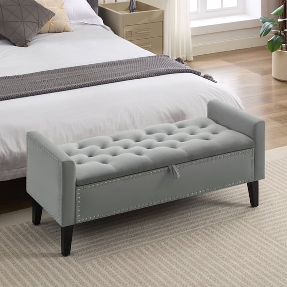 47" Velvet Storage Bench, Upholstered Bed Bench with Storage, End of Bed Ottoman with Wooden Legs,Bedside Storage Bench for Bedroom, Living Room, or Entryway, Drak Grey