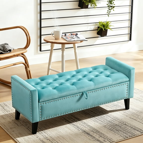 47" Velvet Storage Ottoman Bench with Arms, Upholstered Storage Bench with Wooden Legs for Bedroom, Living Room, Entryway, Teal