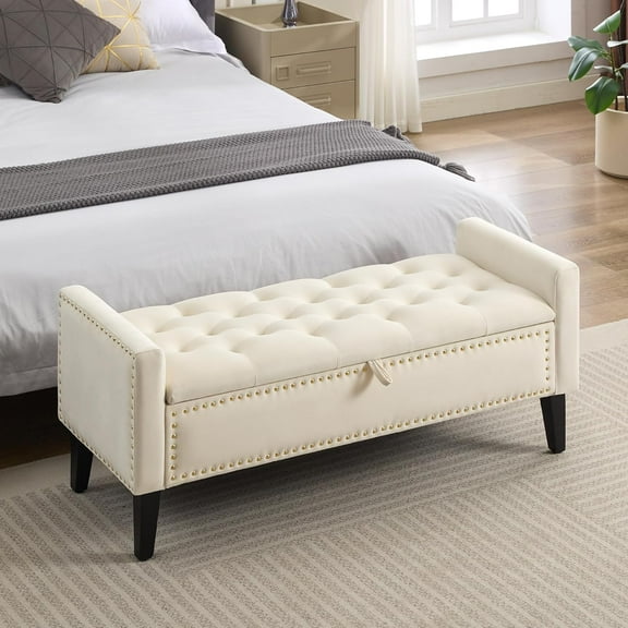 47" Velvet Storage , Upholstered Bed with Storage, End of Bed Ottoman with Wooden Legs,Bedside Storage for Bedroom, Living Room, or Entryway, Beige