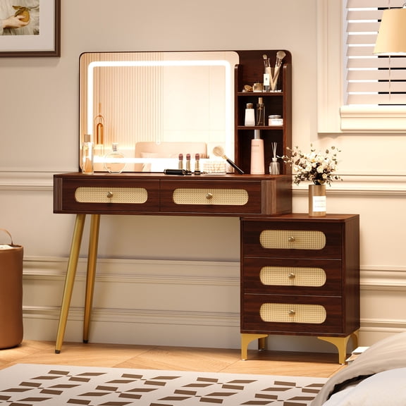 The Iron Hearth 47''Vintage Makeup Vanity, for Bedroom, Rattan Drawer Design, Spacious Storage Capacity, Unites Elegant Rattan Drawer