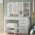thumbnail image 1 of 47'' W Fluted Vanity Desk, Makeup Vanity With Power Oultlet, 7 Drawers Vanity With 10 LED Lights And Mirror, 3 Lighting Modes Adjustable, Glass Top, Vanity With Chair For Bedroom, Natural, 1 of 7