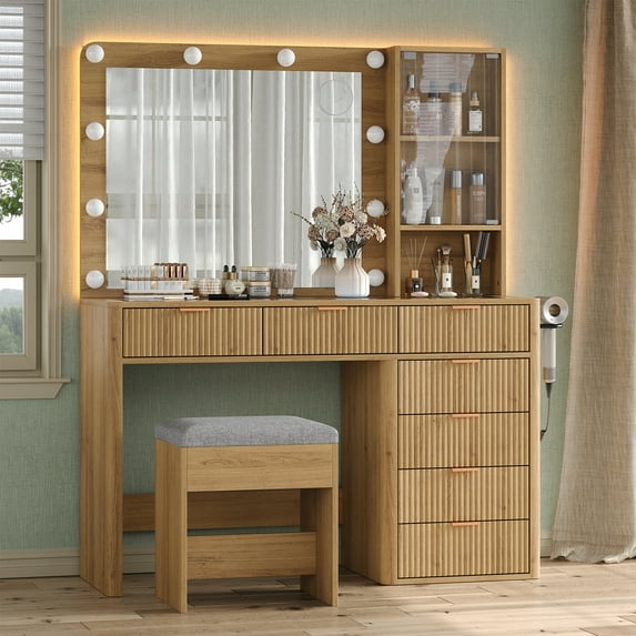 Yanosaku Vanity Set with Mirror, 7 Drawers, Glass Top, LED Lighting, Adjustable Modes, Chair Included