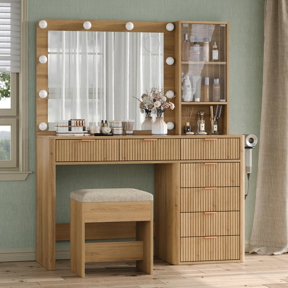 47'' W Fluted Vanity Desk, Makeup Vanity With Power Oultlet, 7 Drawers Vanity With 10 LED Lights And Mirror, 3 Lighting Modes Adjustable, Glass Top, Vanity With Chair For Bedroom, Natural