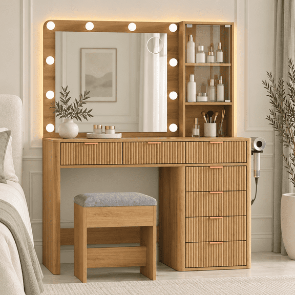 Yanosaku 47" Fluted Makeup Vanity Desk with Mirror, 7 Drawers, 10 LED Lights, Power Outlet, Glass Top and Chair, Natural