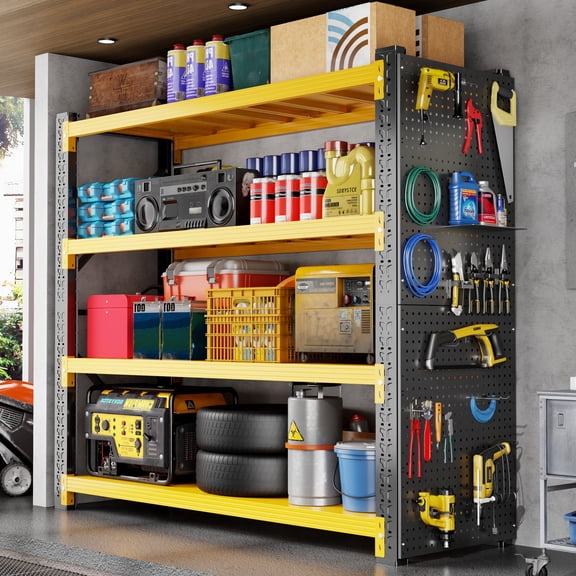 47" W Garage Shelving with Pegboard 3000LBS Garage Shelving Heavy Duty 4-Tier Metal Storage Shelves Adjustable Shelf Unit for Basement Warehouse 47.3" W x 23.7" D x 78.7" H Black&yellow