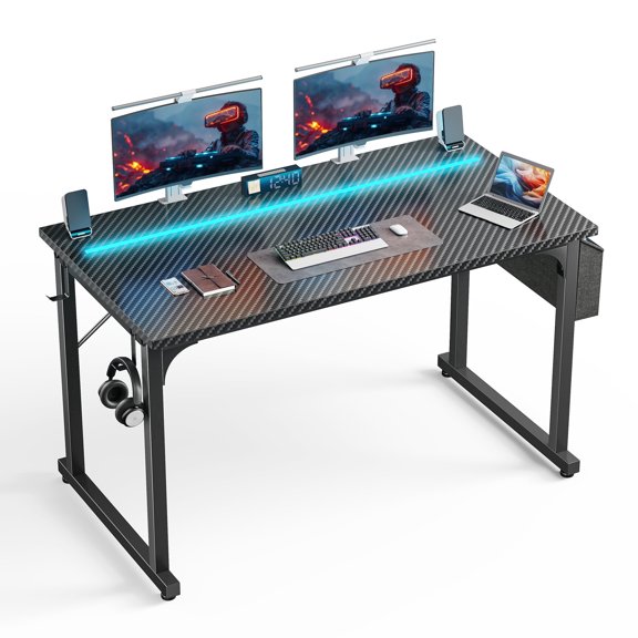 melmine 47"W Inch Computer Desk with Waterproof LED Lights, Side Storage Bag and Hooks, Anti-Tip, Study Desk for Small Space,Black
