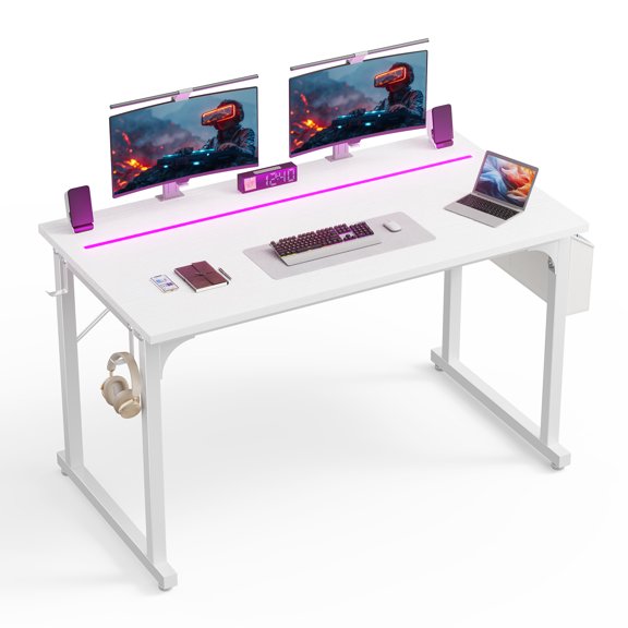 47"W Inch Computer Desk with Waterproof LED Lights, Side Storage Bag and Hooks, Anti-Tip, Study Desk for Small Spaces,White