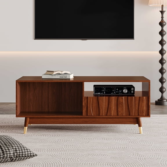 ATJafurn 47" Walnut Finish Coffee Table, Wooden Mid Century Modern Brown Center Table with Drawers and Open Storage for Living Room Apartment