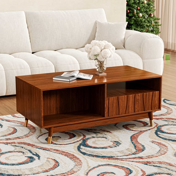 47''W Walnut Finish Coffee Table with Storage, Luxurious Retro Center Table with Drawer and Open Shelf for Living Room, Mid-Century Modern Accent Tea Table for Home and Office, Brown
