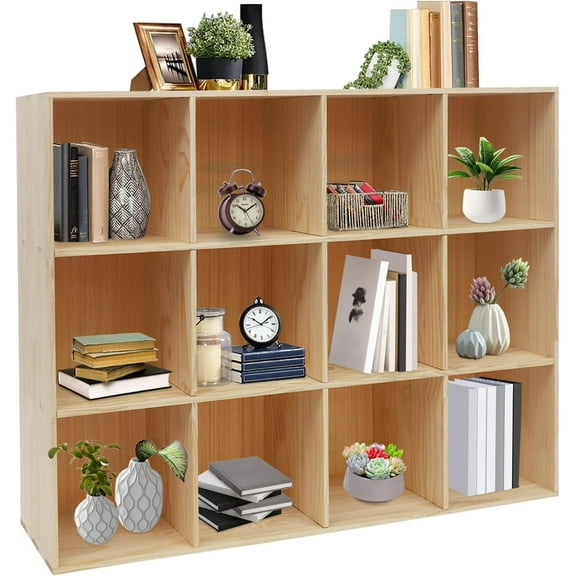 47" W x 35" H x 12" D 12-Cube Solid Wood Bookshelf, 3-Tier Storage Organizer Display Shelf for Home Office, Library, School