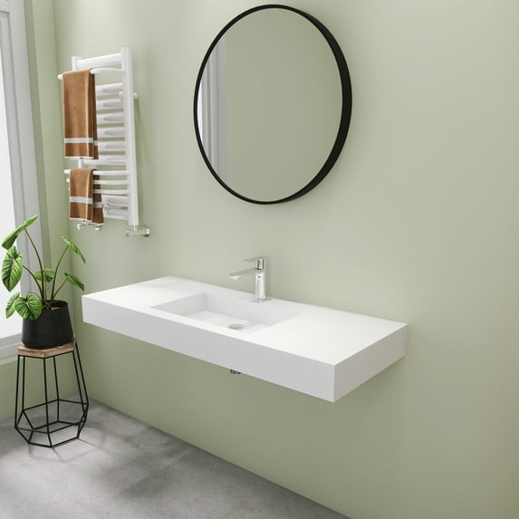 47" Wall Mount Rectangle Vessel Sink with Faucet Hole, Solid Surface Bathroom Vessel Sink