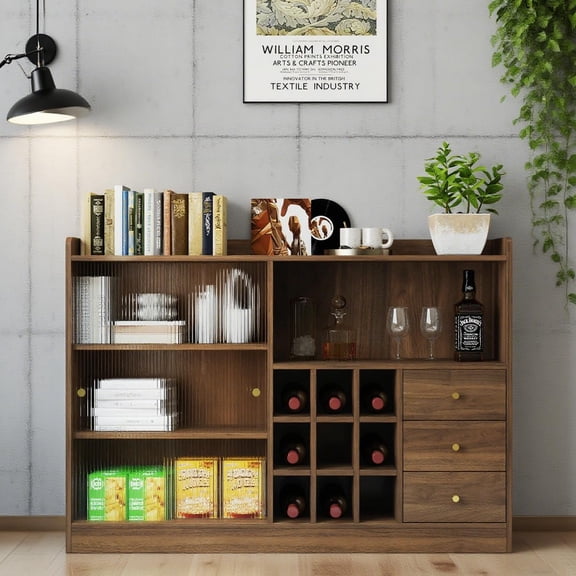 47" Walnut Wine Cabinet with 2 Sliding Glass Doors, Storage Sideboard with 3 Drawers 9 Wine Bottle Rack & Open Shelves, Modern Buffet Cabinet for Kitchen, Dining Room, Living Room