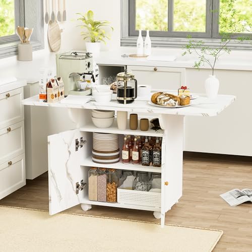 47" White Faux Marble Kitchen Island with Storage, Rolling Kitchen Island on Wheels with Folding Drop Leaf, 2 Cabinet Doors, Storage Rack, Kitchen Cart Island Table for Kitchen Breakfast Bar