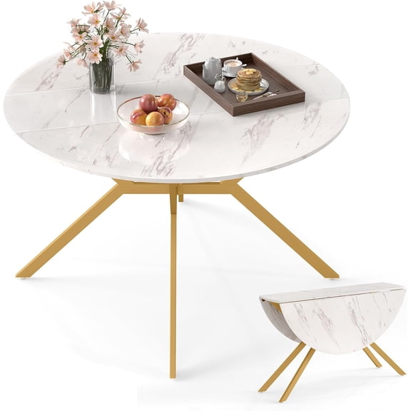 47" White Round Drop Leaf Folding Dining Table for 4-6 People, Expandable Kitchen Table with Metal Frame