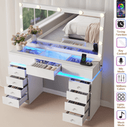 47" White Vanity Desk with Lighted Mirror, Glass Top Makeup Table with Charging Station, 11 Drawers Divided Storage Dressing Table, 3 Color Lighting Modes