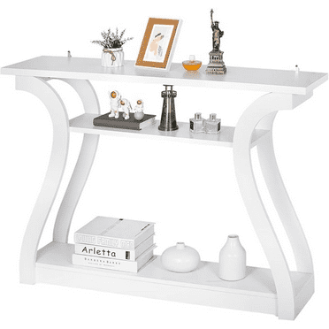 47" White Wood Console Table, Curved Legs/3-Tier Shelf, Easy Assembly, Entryway/Living Room