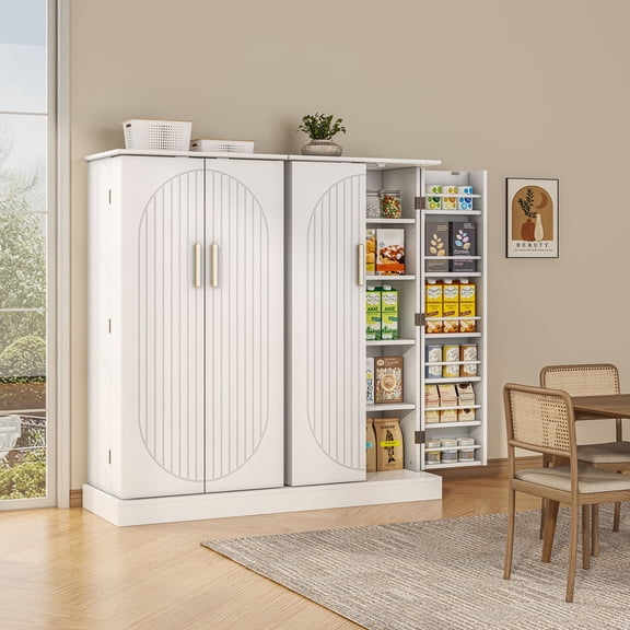 47" White Wooden Kitchen Storage Cabinet - Adjustable Shelves & Drawer Sturdy Buffet Sideboard for Kitchen Dining Living Room Organization