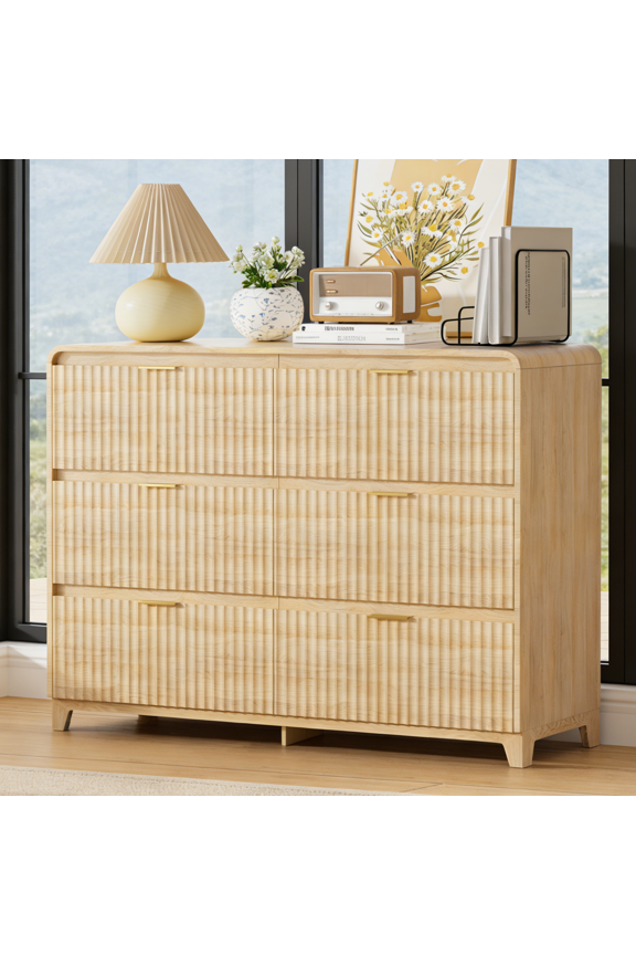 47" Wide 6 Drawer Dresser for Bedroom, Palifte Modern Wood Chest of Drawers with Smooth-Sliding Drawers, Storage Organizer for Bedroom Living Room, Natural